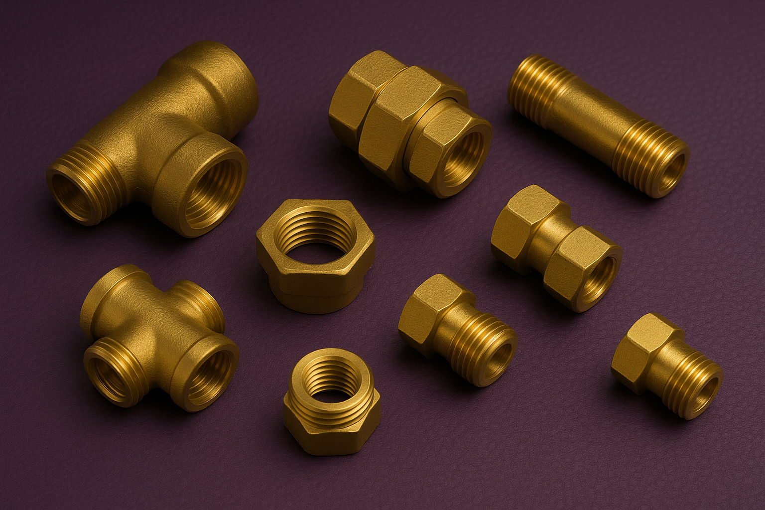 Brass pipe connectors, elbows, and fittings for plumbing